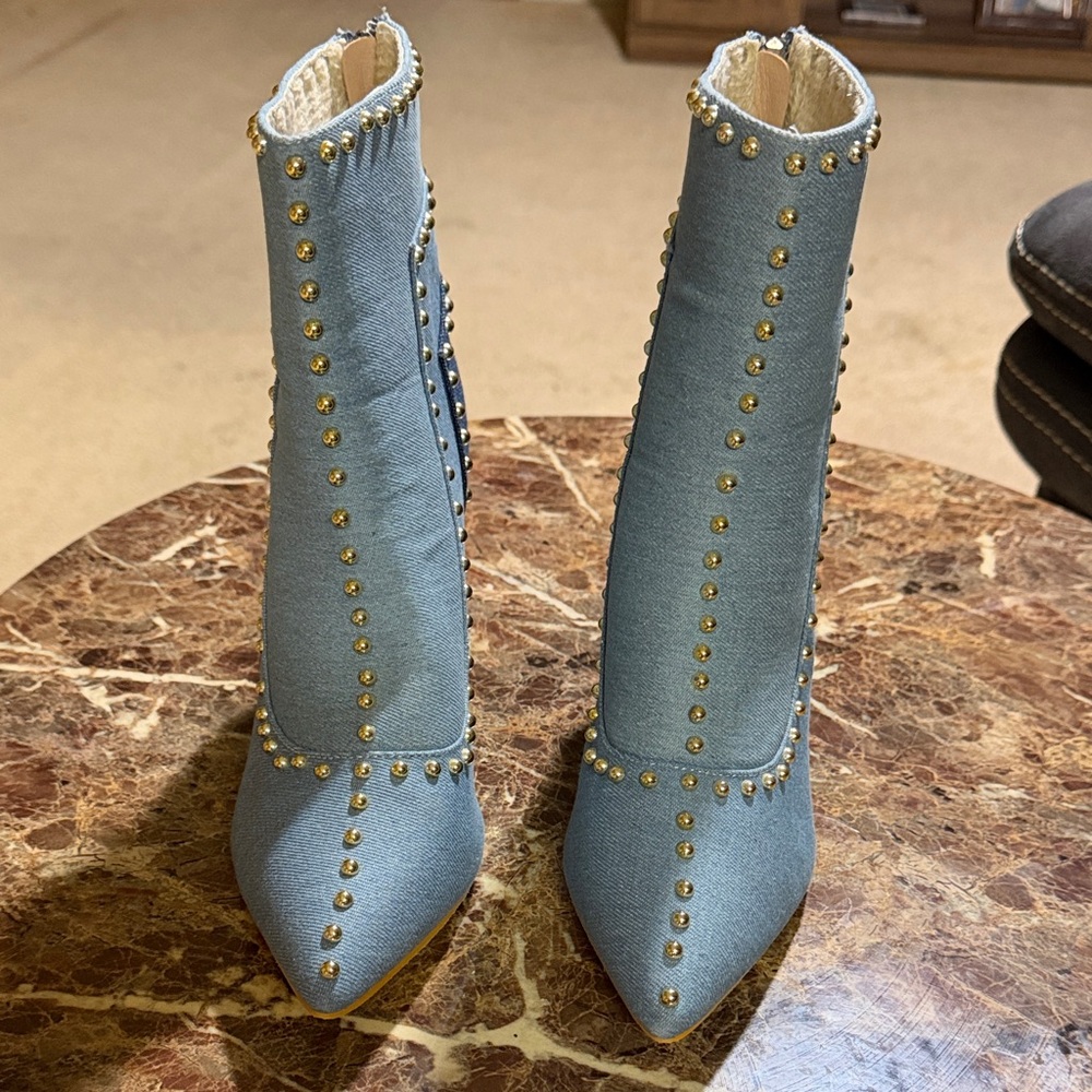 Studded Light Blue Pointed-Toe Ankle Booties